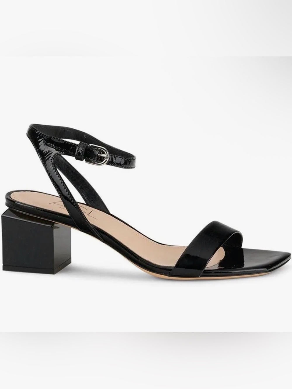 Agl Black Patent Low Block Heel Sandal with Ankle Strap